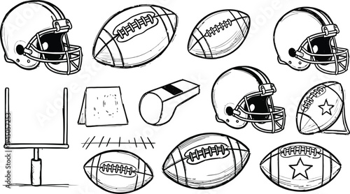Gemini said

Vintage vector illustration set of sports icons and equipment featuring leather football and rugby balls for team competition game symbols