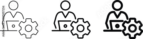Outline icon set depicting a person working on a laptop alongside a gear symbol, representing user settings, system configuration, or technical support.