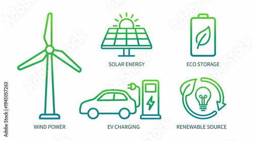 Overview of renewable energy solutions including wind power, solar energy with panels, battery storage, and electric vehicle charging infrastructure for a sustainable future.