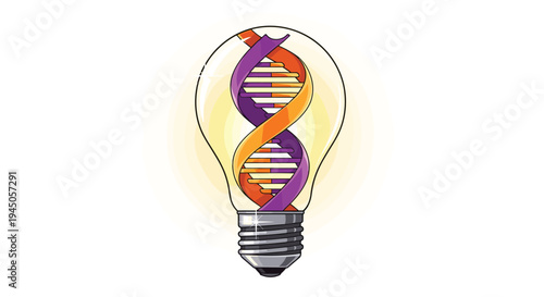 A luminous lightbulb with a visible filament encases a vibrant orange and purple DNA helix on a pure white background.