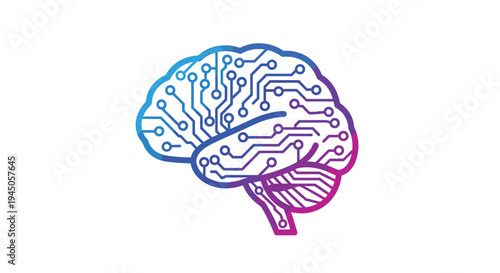 A stylized human brain outline, rendered in a vibrant blue-to-purple gradient, is intricately filled with a detailed circuit board pattern, depicting complex pathways on a pristine white background.