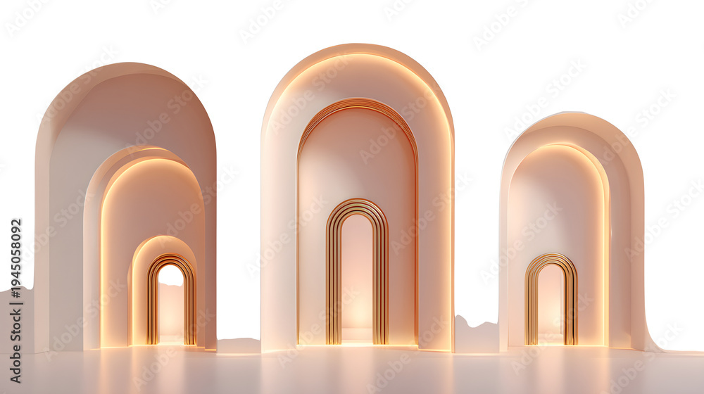 Fototapeta premium Soft pink curved wall structure with arched windows and warm lighting modern architectural design elements