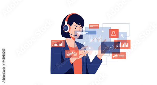 A woman with a headset and microphone is actively interacting with several floating transparent data screens displaying charts, graphs, and user interface elements.