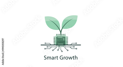 Two light green leaves are growing from a dark green microchip that is connected to horizontal circuit lines, with Smart Growth text underneath.