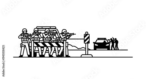 Police tactical team with weapons behind barricade, traffic stop, law enforcement