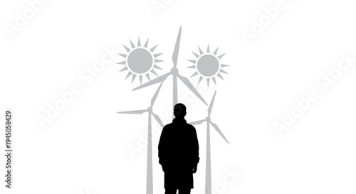 A black silhouette of a man standing in front of wind turbines and suns on a white background, representing eco living and sustainability.