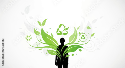 A black silhouette of a person standing in front of a vibrant green illustration of leaves and recycling symbols, conveying eco living and sustainability on a white background.