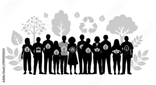 Vector illustration of a diverse group of people standing together, surrounded by eco-friendly icons and symbols representing sustainability and a natural lifestyle on a simple background.