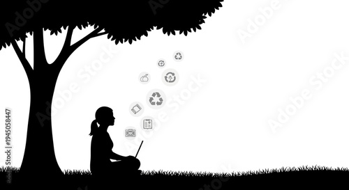Black silhouette illustration of a woman sitting under a tree with a laptop, surrounded by eco-friendly icons, representing sustainable lifestyle and carbon footprint reduction in a natural