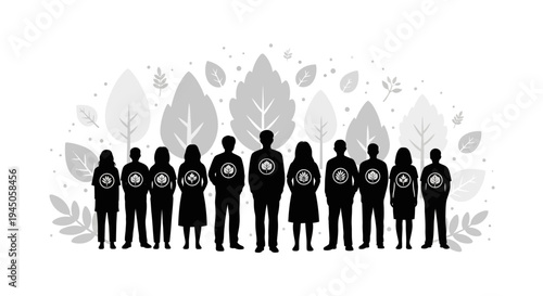 A group of diverse people in black silhouettes with eco-friendly icons on their shirts standing in front of a natural leafy background, promoting sustainability and eco living.