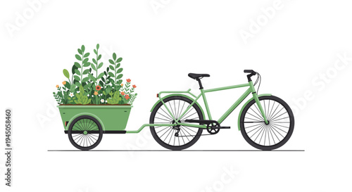 A light green bicycle with black wheels tows a matching green trailer filled with various leafy plants on a clean white background.