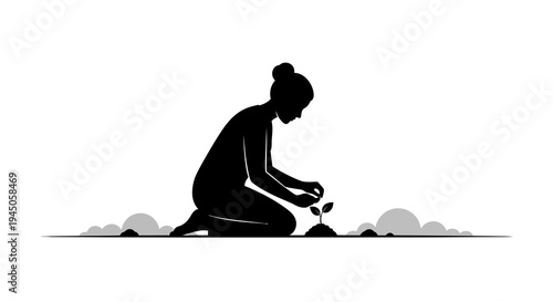 A black silhouette illustration of a woman engaging in eco-friendly living by planting a tree on a natural background with a minimalist design.