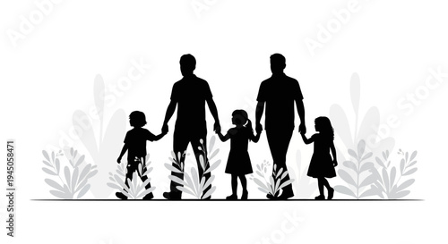 A black silhouette illustration of a family of four holding hands, walking towards a sustainable lifestyle with natural elements in the background, promoting eco living and reducing carbon