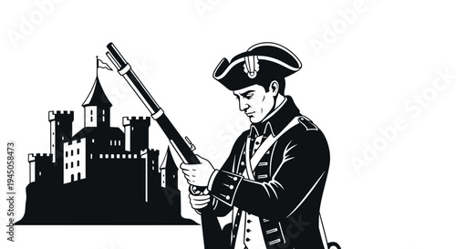 Revolutionary Soldier with Musket and Castle Illustration