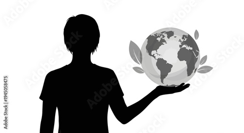 Vector illustration of a person holding a globe with leaves, symbolizing eco living and sustainability on a white background.