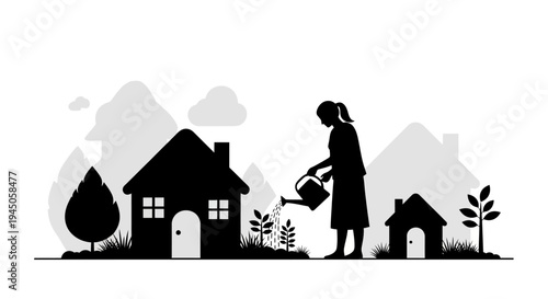 Black silhouette illustration of a woman watering plants in front of a house and doghouse with a natural background, promoting eco living and sustainability.