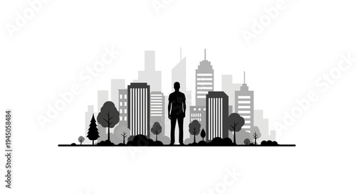 A black silhouette illustration of a man standing in front of a city skyline with trees, conveying eco living and sustainability concepts on a white background.