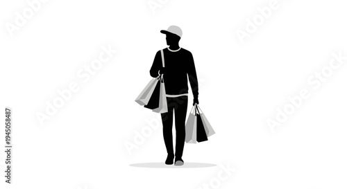 A black silhouette of a person holding shopping bags against a clean white background, conveying an eco-friendly lifestyle with a focus on sustainability and reducing carbon footprint.
