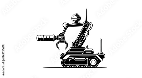 Robotic Arm on Tracks, Industrial Automation, Futuristic Technology, Black and White Illustration