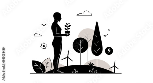 A black silhouette illustration of a woman holding a plant surrounded by trees, wind turbines, and eco-friendly symbols against a natural background, conveying a sustainable lifestyle and