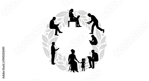 Vector illustration of a diverse group of people engaging in eco-friendly activities, surrounded by leaves, promoting a sustainable lifestyle and reducing carbon footprint in a natural