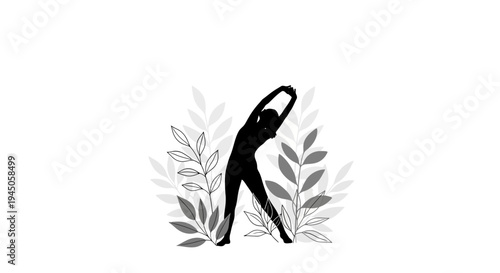 Black silhouette of a person stretching in a natural setting with leaves, conveying eco living and sustainability concepts in a simple illustration design.