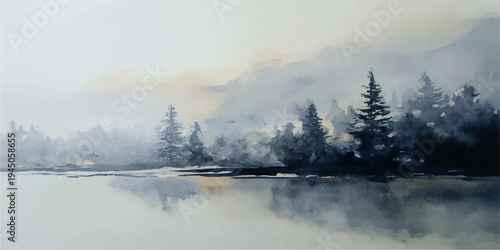 A calm misty morning reveals a serene landscape where fog drifts over the river and mountains amidst a cold winter forest reflection at sunrise