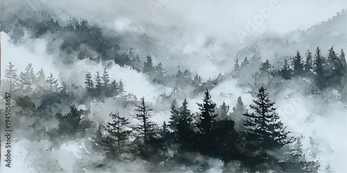 A breathtaking winter landscape features majestic snow-covered mountains rising above a dense pine forest shrouded in thick, frozen fog under a cold, cloudy sky
