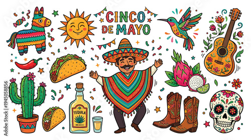 Cinco de mayo mexican festival celebration element sticker set vector