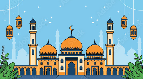 Islamic mosque building architecture with lantern greeting background vector