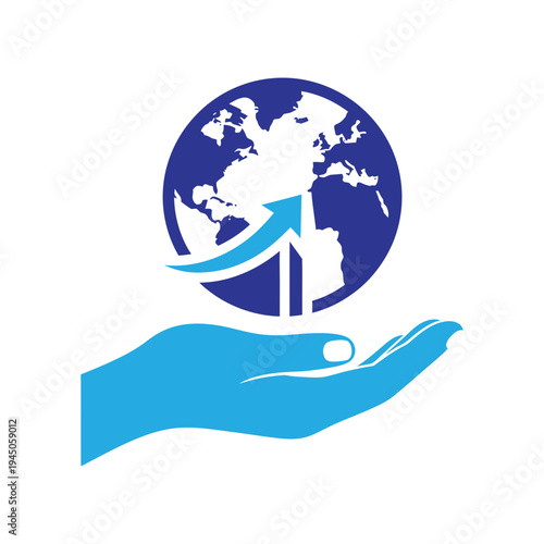 Global business growth with a planet earth and an upward arrow, cradled in a protecting hand