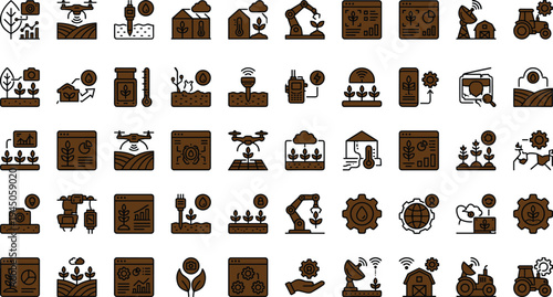 Smart agriculture technology icon set with drones sensors robotics irrigation crop analytics and precision farming symbols