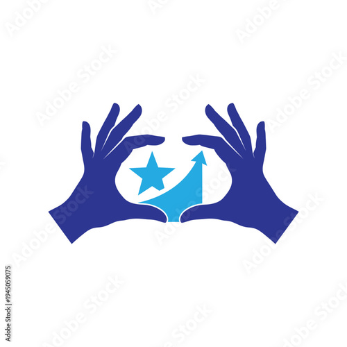 Growth arrow and star symbol framed by human hands representing target achievement success and future ambition