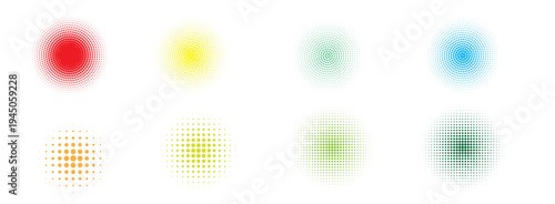 Set of halftone dots gradient pattern texture isolated on white background. Straight dotted spots using halftone circle dot raster texture. Vector blot half tone collection.