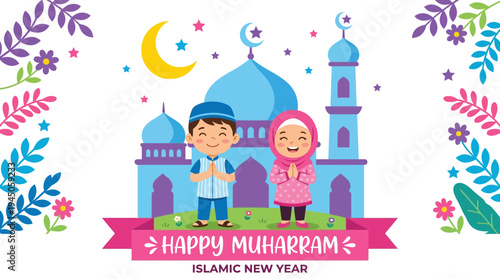 Happy Muharram islamic new year greeting with cute muslim kids and mosque vector