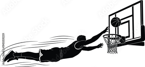 Dynamic Silhouette of a Basketball Player Flying Through the Air for a Layup Shot Against a Hoop and Backboard Background