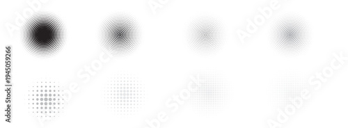 Set of halftone dots gradient pattern texture isolated on white background. Straight dotted spots using halftone circle dot raster texture. Vector blot half tone collection.