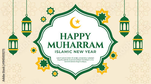 Happy Muharram islamic new year greeting banner with lanterns and pattern vector