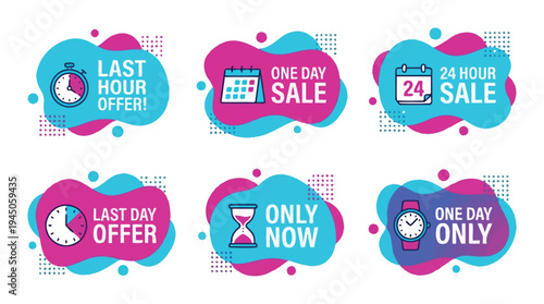 Last hour offer and one day only sale countdown fluid badge set vector