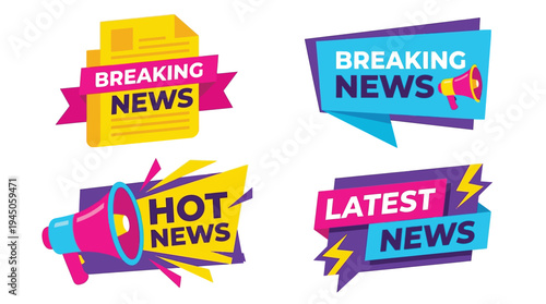 Breaking hot and latest news announcement banner and badge set vector