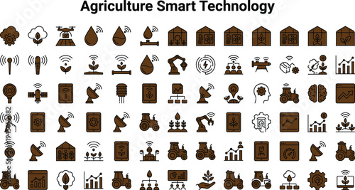 Smart agriculture technology icon set with drones sensors tractors irrigation analytics and precision farming systems