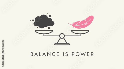 Conceptual Vector Illustration of a Scale Balancing a Heavy Dark Cloud and a Light Pink Feather for Mental Wellness and Business Stability