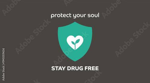 Vector Drug Free Poster with Shield Heart and Sprout Icon for Social Awareness Campaigns and Substance Abuse Prevention Graphic Design