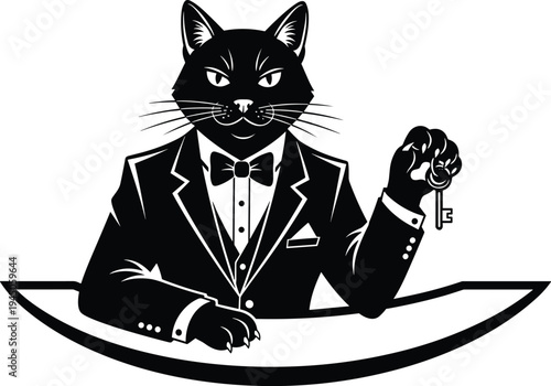 Elegant Black Cat Character Mascot Wearing Tuxedo and Bowtie Holding a Key for Luxury Concierge Security Real Estate and Premium Branding