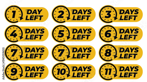 Countdown Days Left Badge Set for Promotional Sales Marketing Deadline Stickers with Clock Icons and Dynamic Design Vector Illustration