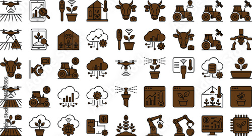 Smart agriculture technology icon set with drones tractors sensors livestock monitoring crop analytics and farm automation