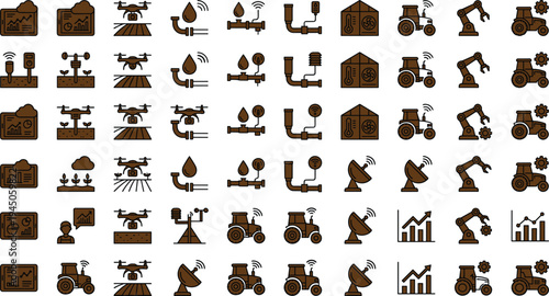 Smart agriculture technology icon set with drones tractors sensors irrigation systems satellite communication and precision farming analytics
