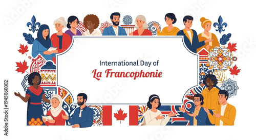Illustration celebrating International Day of La Francophonie with diverse people and French symbols.