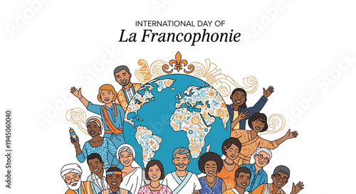 Illustration of diverse people celebrating International Day of La Francophonie with a global map and decorative elements on a white background.