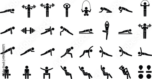 Fitness and Gym Exercise Silhouette Set Featuring Weightlifting Yoga Stretching Pushups Situps Jumping Rope and Bodyweight Training for Healthy Lifestyle Illustration